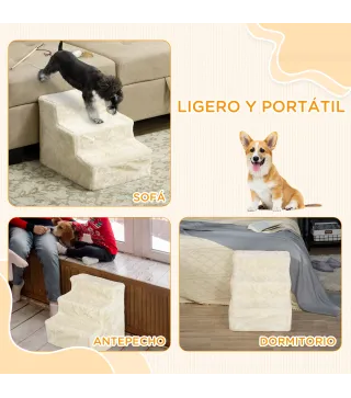 Escalera para Perros de 3 Peldaños con Funda Extraíble y Lavable Rampa para Perros para Cama Sofá 46x35x35 cm Beige