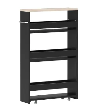 Carrito Auxiliar con Ruedas de 3 Niveles Carrito de Cocina Estrecho con 3 Estantes Tablero y Asa 48x15x80 cm Negro