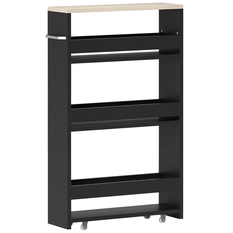 Carrito Auxiliar con Ruedas de 3 Niveles Carrito de Cocina Estrecho con 3 Estantes Tablero y Asa 48x15x80 cm Negro