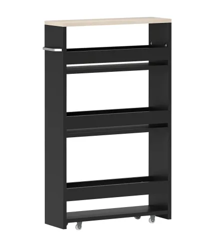 Carrito Auxiliar con Ruedas de 3 Niveles Carrito de Cocina Estrecho con 3 Estantes Tablero y Asa 48x15x80 cm Negro