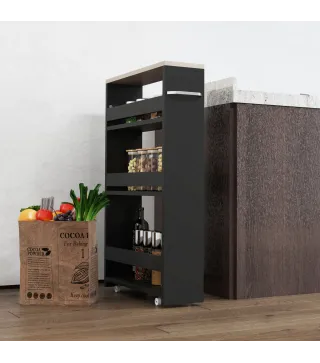 Carrito Auxiliar con Ruedas de 3 Niveles Carrito de Cocina Estrecho con 3 Estantes Tablero y Asa 48x15x80 cm Negro