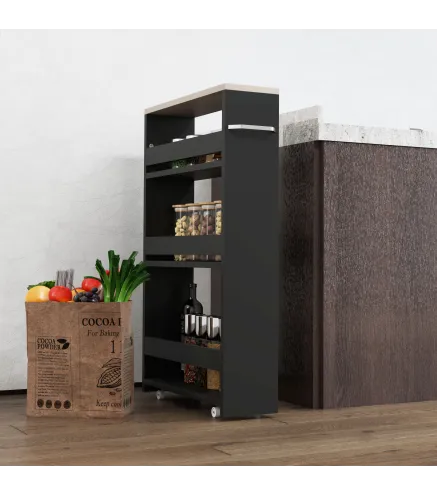 Carrito Auxiliar con Ruedas de 3 Niveles Carrito de Cocina Estrecho con 3 Estantes Tablero y Asa 48x15x80 cm Negro
