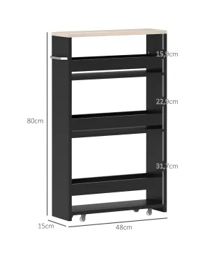 Carrito Auxiliar con Ruedas de 3 Niveles Carrito de Cocina Estrecho con 3 Estantes Tablero y Asa 48x15x80 cm Negro