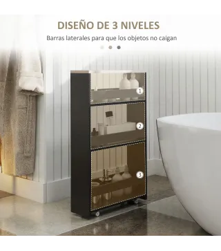 Carrito Auxiliar con Ruedas de 3 Niveles Carrito de Cocina Estrecho con 3 Estantes Tablero y Asa 48x15x80 cm Negro