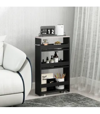 Carrito Auxiliar con Ruedas de 3 Niveles Carrito de Cocina Estrecho con 3 Estantes Tablero y Asa 48x15x80 cm Negro