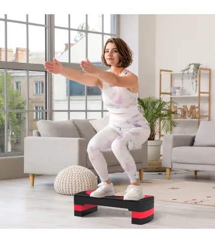 Step de Aeróbic para Fitness Antideslizante con Altura Regulable 3 Niveles 10/15/20 cm Carga 150 kg 80x31x20 cm Rojo