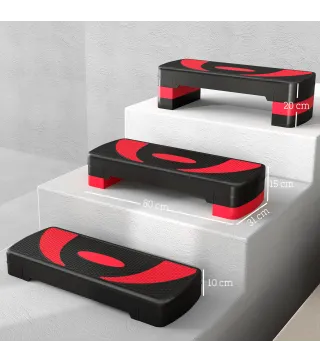 Step de Aeróbic para Fitness Antideslizante con Altura Regulable 3 Niveles 10/15/20 cm Carga 150 kg 80x31x20 cm Rojo