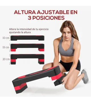 Step de Aeróbic para Fitness Antideslizante con Altura Regulable 3 Niveles 10/15/20 cm Carga 150 kg 80x31x20 cm Rojo