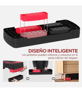 Step de Aeróbic para Fitness Antideslizante con Altura Regulable 3 Niveles 10/15/20 cm Carga 150 kg 80x31x20 cm Rojo