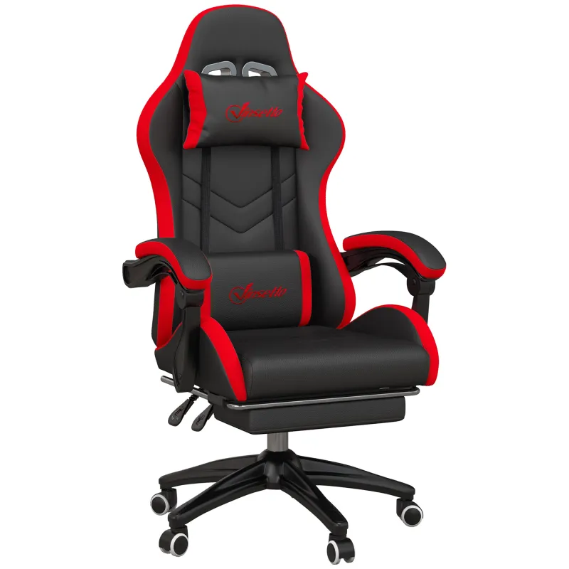 Silla Gaming de Cuero Sintético Reclinable 135° Reposacabezas y Reposapiés 65x65x121-129cm Negro y Rojo
