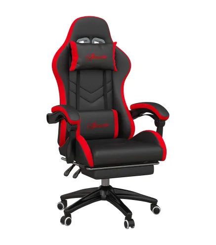 Silla Gaming de Cuero Sintético Reclinable 135° Reposacabezas y Reposapiés 65x65x121-129cm Negro y Rojo