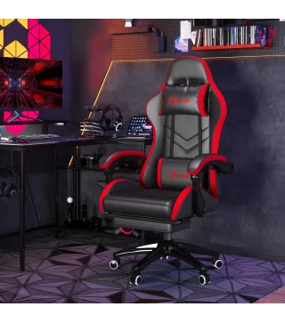 Silla Gaming de Cuero Sintético Reclinable 135° Reposacabezas y Reposapiés 65x65x121-129cm Negro y Rojo