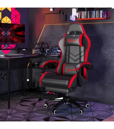 Silla Gaming de Cuero Sintético Reclinable 135° Reposacabezas y Reposapiés 65x65x121-129cm Negro y Rojo