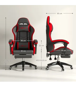 Silla Gaming de Cuero Sintético Reclinable 135° Reposacabezas y Reposapiés 65x65x121-129cm Negro y Rojo