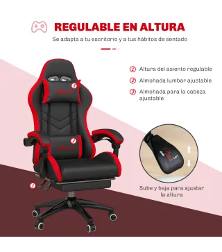 Silla Gaming de Cuero Sintético Reclinable 135° Reposacabezas y Reposapiés 65x65x121-129cm Negro y Rojo
