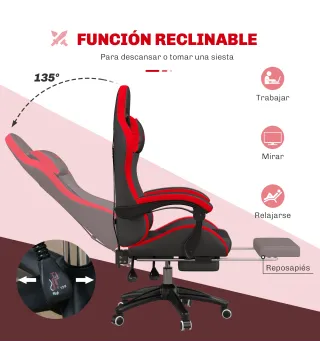 Silla Gaming de Cuero Sintético Reclinable 135° Reposacabezas y Reposapiés 65x65x121-129cm Negro y Rojo