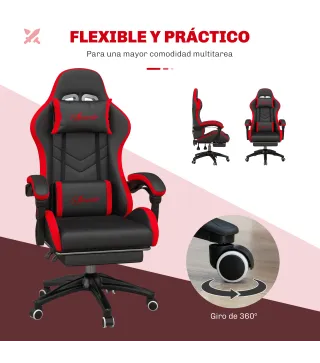 Silla Gaming de Cuero Sintético Reclinable 135° Reposacabezas y Reposapiés 65x65x121-129cm Negro y Rojo
