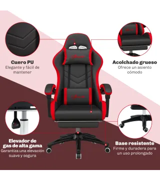 Silla Gaming de Cuero Sintético Reclinable 135° Reposacabezas y Reposapiés 65x65x121-129cm Negro y Rojo