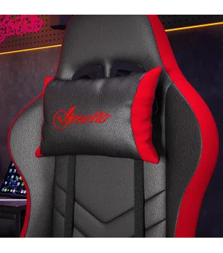 Silla Gaming de Cuero Sintético Reclinable 135° Reposacabezas y Reposapiés 65x65x121-129cm Negro y Rojo