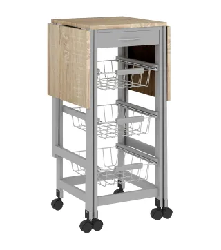 Carrito Auxiliar Plegable Carrito de Cocina con 6 Ruedas 1 Cajón y 3 Cesta de Metal 97,2x37x77,5 cm Gris y Roble