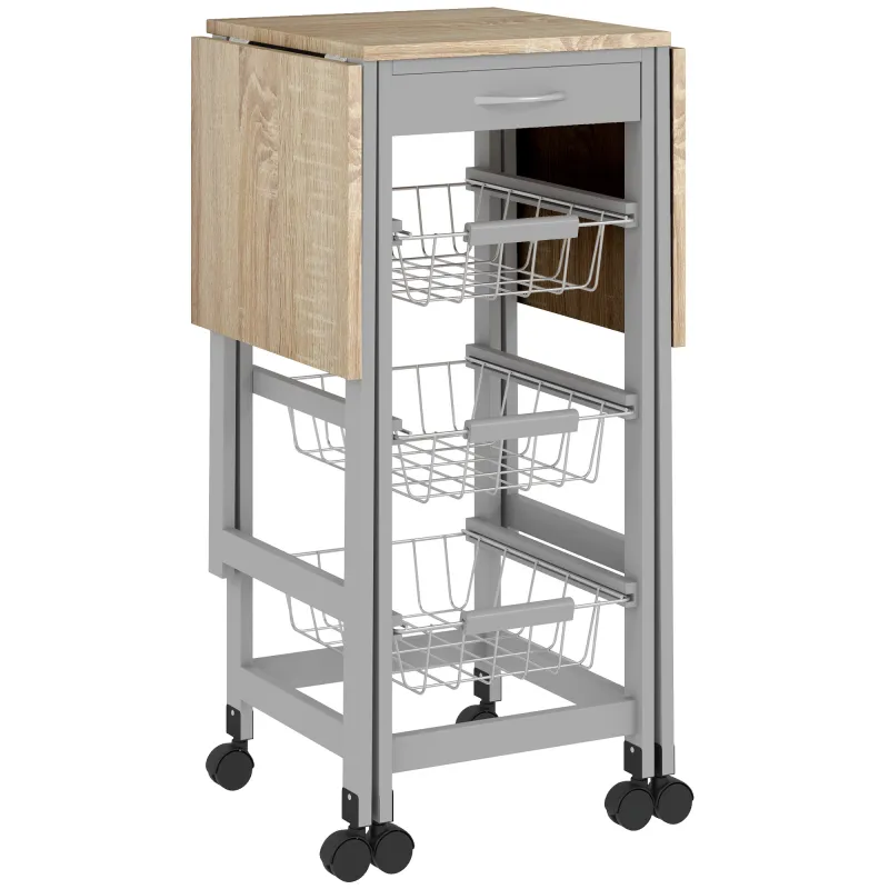 Carrito Auxiliar Plegable Carrito de Cocina con 6 Ruedas 1 Cajón y 3 Cesta de Metal 97,2x37x77,5 cm Gris y Roble