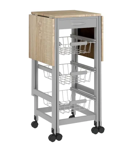 Carrito Auxiliar Plegable Carrito de Cocina con 6 Ruedas 1 Cajón y 3 Cesta de Metal 97,2x37x77,5 cm Gris y Roble