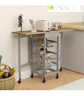 Carrito Auxiliar Plegable Carrito de Cocina con 6 Ruedas 1 Cajón y 3 Cesta de Metal 97,2x37x77,5 cm Gris y Roble