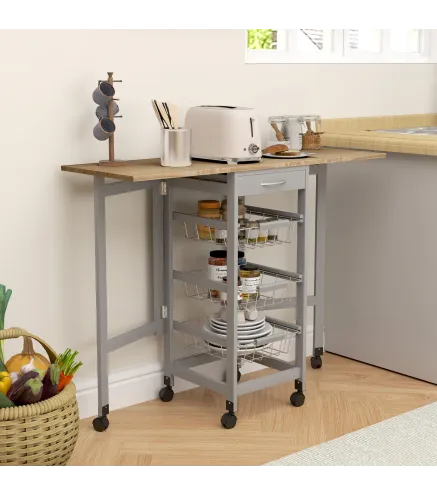 Carrito Auxiliar Plegable Carrito de Cocina con 6 Ruedas 1 Cajón y 3 Cesta de Metal 97,2x37x77,5 cm Gris y Roble
