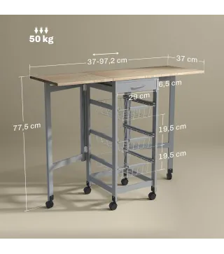Carrito Auxiliar Plegable Carrito de Cocina con 6 Ruedas 1 Cajón y 3 Cesta de Metal 97,2x37x77,5 cm Gris y Roble