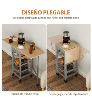 Carrito Auxiliar Plegable Carrito de Cocina con 6 Ruedas 1 Cajón y 3 Cesta de Metal 97,2x37x77,5 cm Gris y Roble