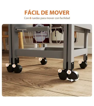 Carrito Auxiliar Plegable Carrito de Cocina con 6 Ruedas 1 Cajón y 3 Cesta de Metal 97,2x37x77,5 cm Gris y Roble