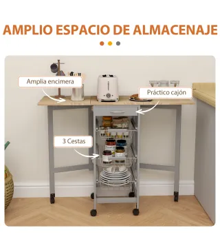 Carrito Auxiliar Plegable Carrito de Cocina con 6 Ruedas 1 Cajón y 3 Cesta de Metal 97,2x37x77,5 cm Gris y Roble