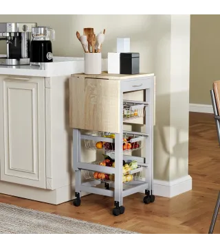 Carrito Auxiliar Plegable Carrito de Cocina con 6 Ruedas 1 Cajón y 3 Cesta de Metal 97,2x37x77,5 cm Gris y Roble