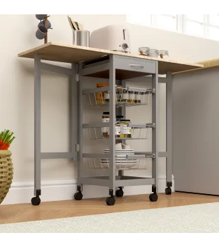 Carrito Auxiliar Plegable Carrito de Cocina con 6 Ruedas 1 Cajón y 3 Cesta de Metal 97,2x37x77,5 cm Gris y Roble