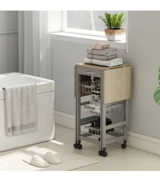 Carrito Auxiliar Plegable Carrito de Cocina con 6 Ruedas 1 Cajón y 3 Cesta de Metal 97,2x37x77,5 cm Gris y Roble
