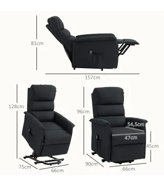 Sillón Relax Reclinable Eléctrico Levanta Personas con Mando a Distancia y Bolsillo Lateral Tapizado en Lino Negro