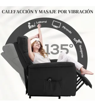 Sillón Relax Reclinable Eléctrico Levanta Personas con Mando a Distancia y Bolsillo Lateral Tapizado en Lino Negro