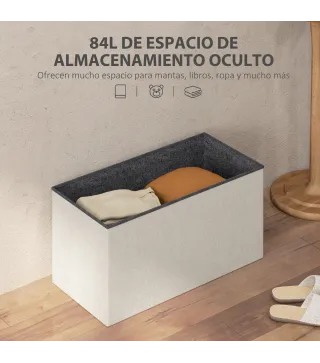 Puff Almacenaje, Banco Almacenaje Plegable 84 L 76x38x38 cm Tapizado en Lino Sintético Baúl de Almacenamiento Crema