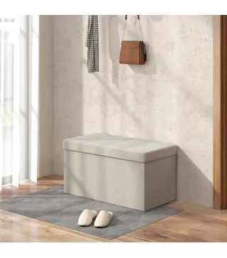 Puff Almacenaje, Banco Almacenaje Plegable 84 L 76x38x38 cm Tapizado en Lino Sintético Baúl de Almacenamiento Crema
