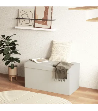 Puff Almacenaje, Banco Almacenaje Plegable 84 L 76x38x38 cm Tapizado en Lino Sintético Baúl de Almacenamiento Crema