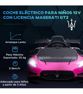 Coche Eléctrico para Niños de +3 Años Maserati GT2 con Mando a Distancia Faros LED Bocina Música Ruedas Auxiliares Rosa