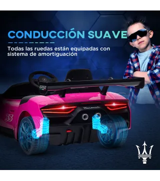 Coche Eléctrico para Niños de +3 Años Maserati GT2 con Mando a Distancia Faros LED Bocina Música Ruedas Auxiliares Rosa