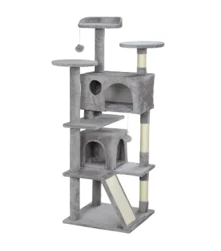 Rascador para Gatos Altura 138 cm Árbol para Gatos con Múltiples Niveles Cuevas Bolas Colgantes y Hamacas Gris Claro