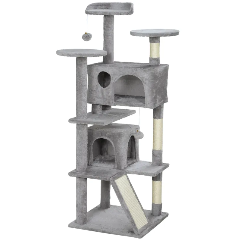 Rascador para Gatos Altura 138 cm Árbol para Gatos con Múltiples Niveles Cuevas Bolas Colgantes y Hamacas Gris Claro
