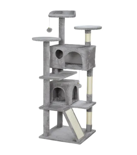 Rascador para Gatos Altura 138 cm Árbol para Gatos con Múltiples Niveles Cuevas Bolas Colgantes y Hamacas Gris Claro