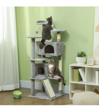 Rascador para Gatos Altura 138 cm Árbol para Gatos con Múltiples Niveles Cuevas Bolas Colgantes y Hamacas Gris Claro
