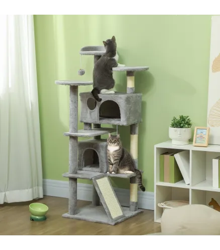Rascador para Gatos Altura 138 cm Árbol para Gatos con Múltiples Niveles Cuevas Bolas Colgantes y Hamacas Gris Claro