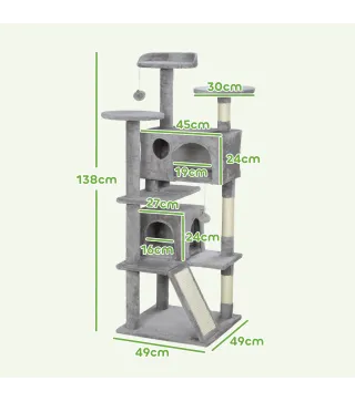 Rascador para Gatos Altura 138 cm Árbol para Gatos con Múltiples Niveles Cuevas Bolas Colgantes y Hamacas Gris Claro