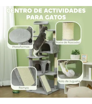 Rascador para Gatos Altura 138 cm Árbol para Gatos con Múltiples Niveles Cuevas Bolas Colgantes y Hamacas Gris Claro