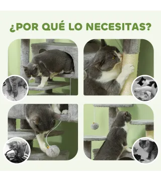 Rascador para Gatos Altura 138 cm Árbol para Gatos con Múltiples Niveles Cuevas Bolas Colgantes y Hamacas Gris Claro